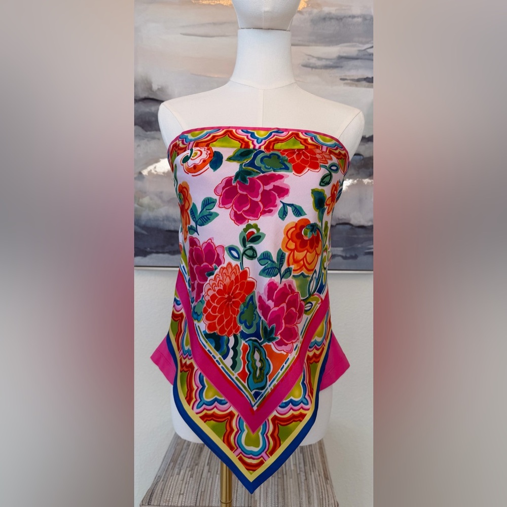 Caché Y2K Silk Scarf/Handkerchief Print Strapless Top Floral Bandana Hem - Picture 2 of 16